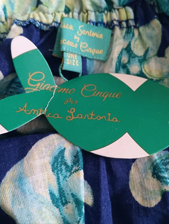 Antica Sartoria Blue Floral Off Shoulder Top OS Smocked Cotton Puff Sleeve - Picture 6 of 7